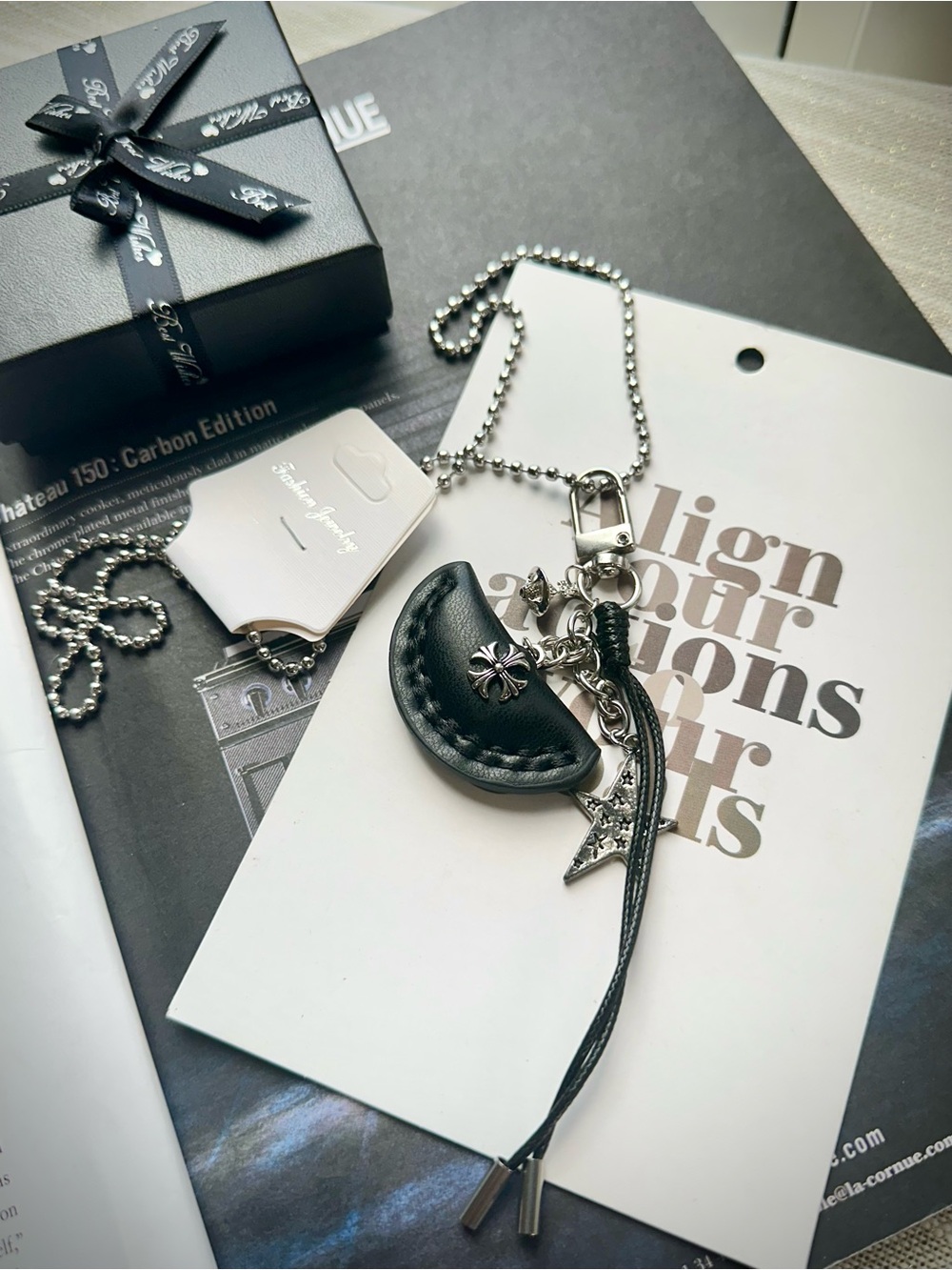Black Leather Necklace Bag Keychain Charm with Silver Cross Accent